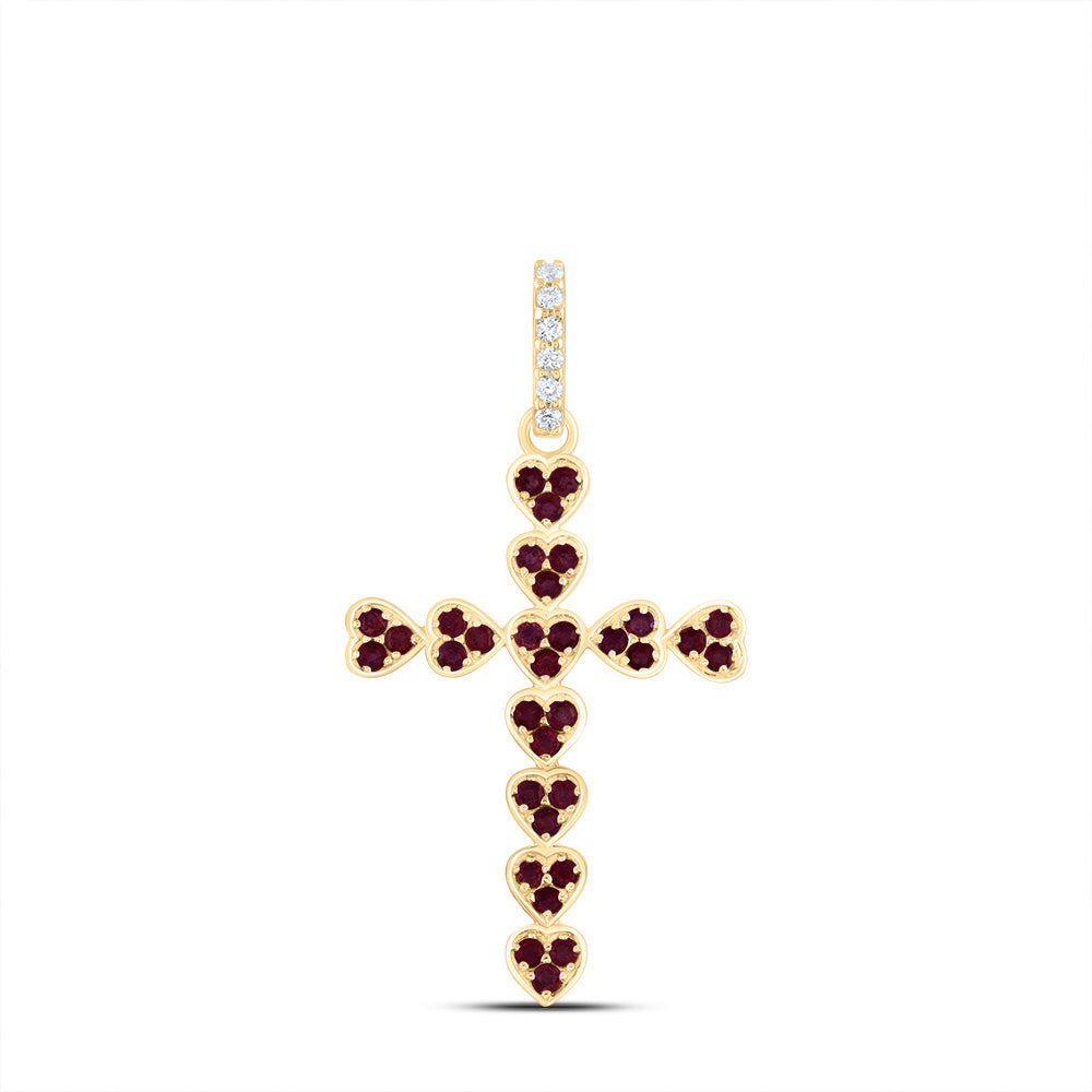 14K Yellow Gold 1/20 CTW-Natural Diamond 1/2 CTW-Rd-Ru Natural Gemstone Heart Cross Pendant 2.86 Gram