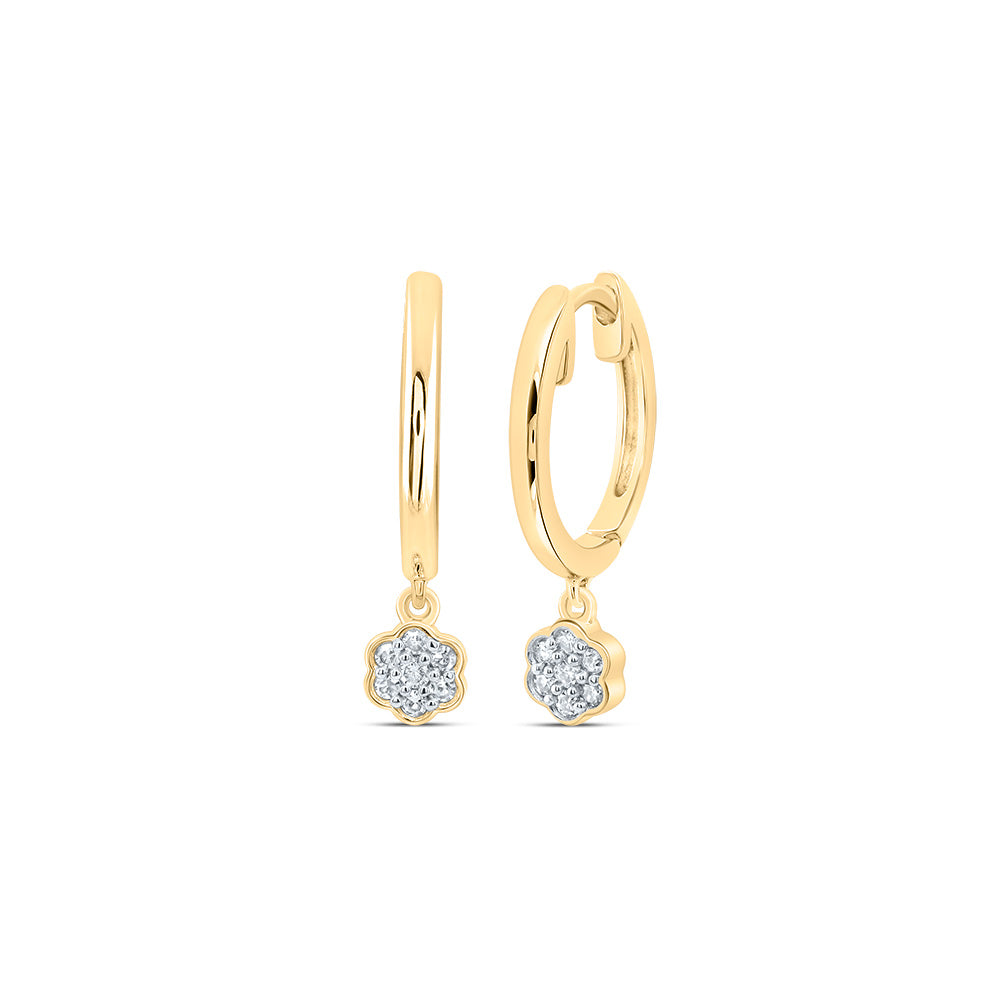 10K Yellow Gold 1/12 CTW-Natural Diamond Flower Dangling Hoops Earring 1.41 Gram