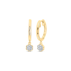 10K Yellow Gold 1/12 CTW-Natural Diamond Flower Dangling Hoops Earring 1.41 Gram