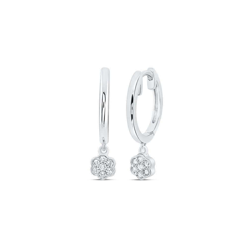 10K White Gold 1/12 CTW-Natural Diamond Flower Dangling Hoops Earring 1.67 Gram