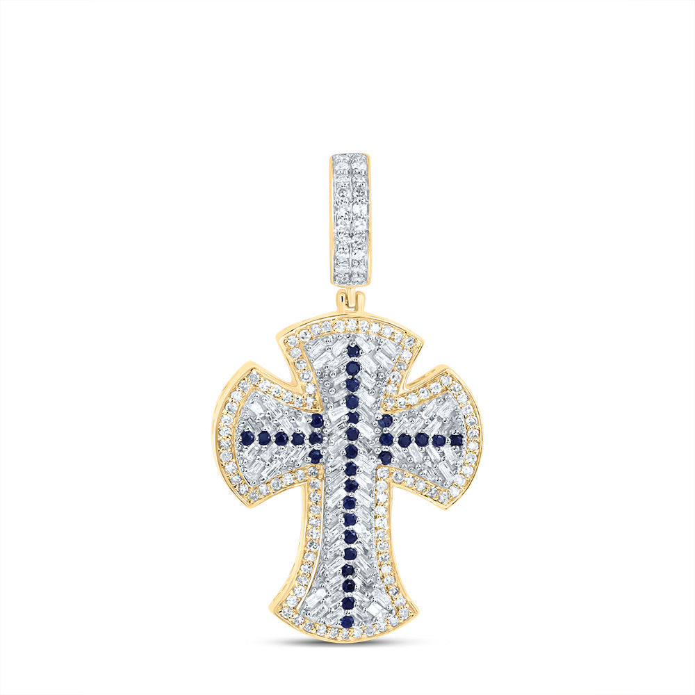 10K Yellow Gold 7/8 CTW-Natural Diamond 1/5 Ct Rd-Bs Natural Gemstone Cross Mens Charm 3.93 Gram