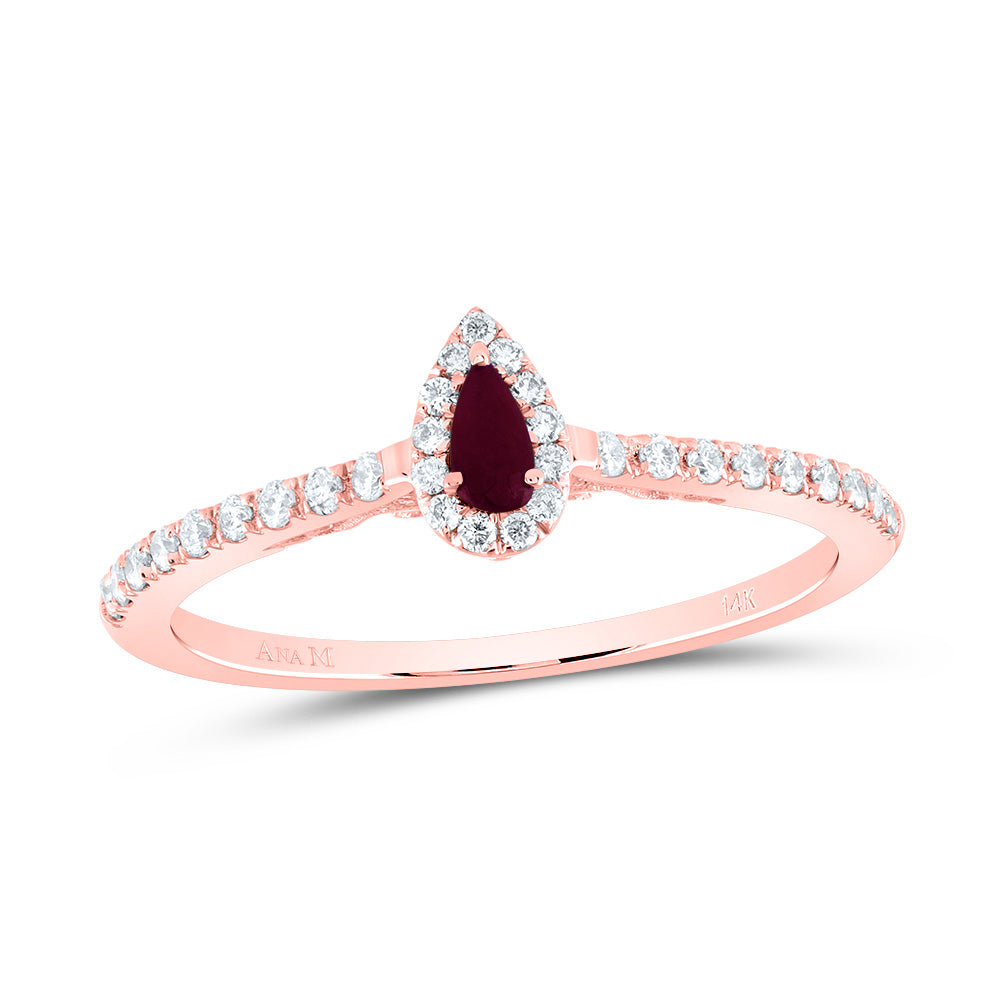 14K Rose Gold 1/6 CTW-Natural Diamond 4X2MM Ps-Ru Natural Gemstone Pear Ring 1.52 Gram