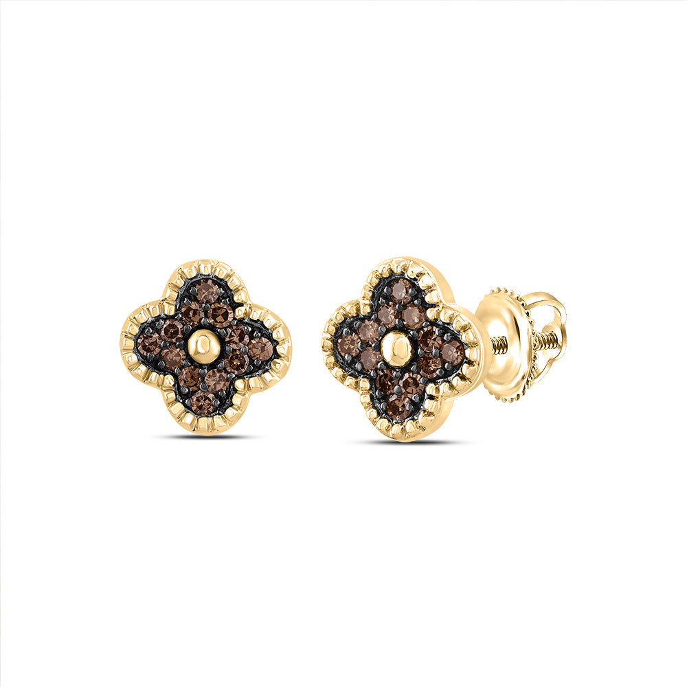 14K Yellow Gold 1/5 CTW-Natural Diamondcognac Natural Gift Clover Stud Earring 2.01 Gram