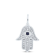 10K White Gold 1/6 CTW-Natural Diamond 2MM-Rd-Bs Natural Gemstone Evil Eye Hamsa Pendant 1.19 Gram