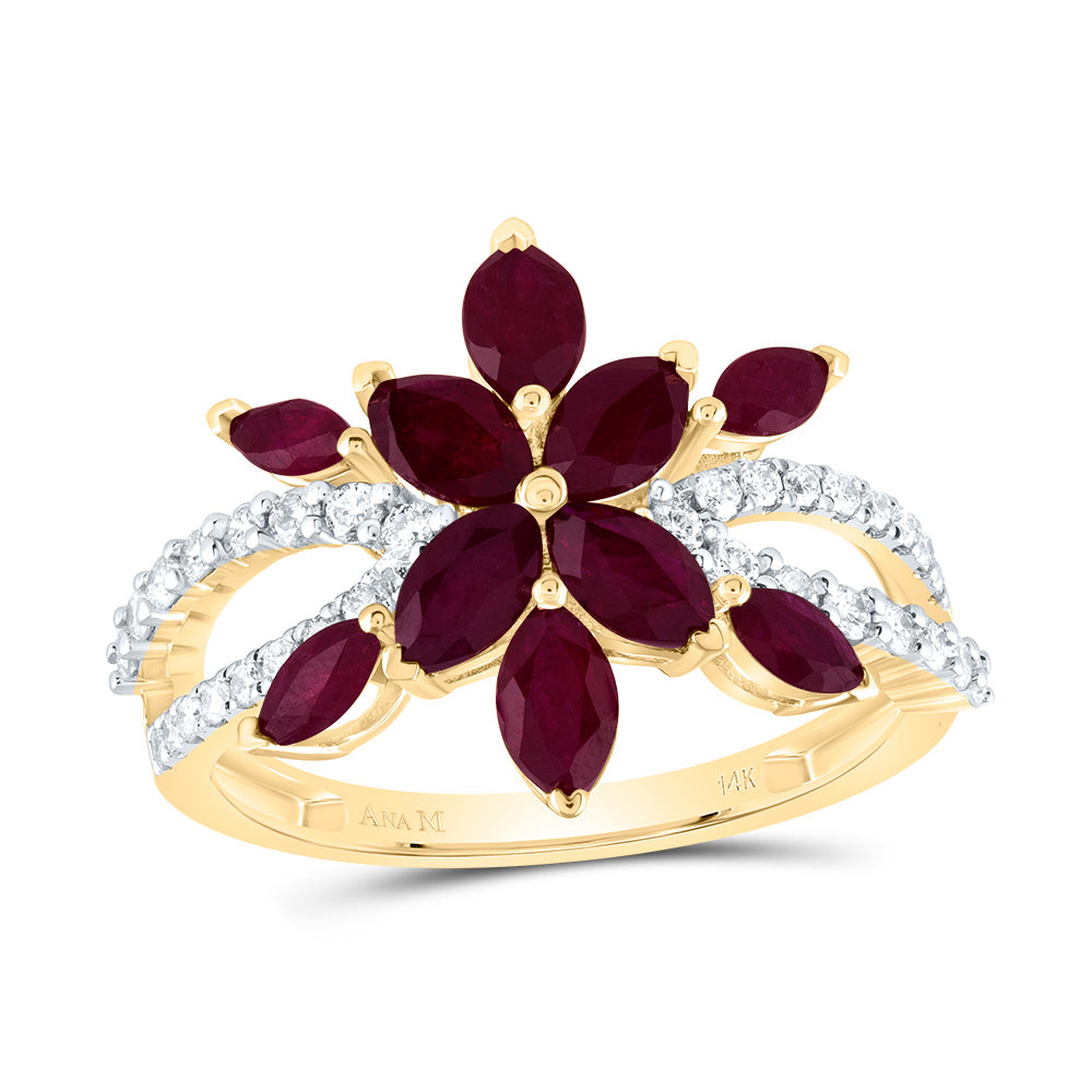 14K Yellow Gold 1/3 CTW-Natural Diamond 2 CTW-Mq-Ru Natural Gemstone Ring 2.93 Gram