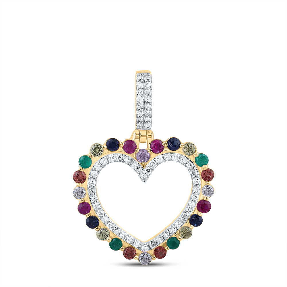 10K Yellow Gold 1/5 CTW-Natural Diamond 3/8 CTWrd-Natural Gemstone Multi Clear Sapphire Heart Pendant 1.71 Gram