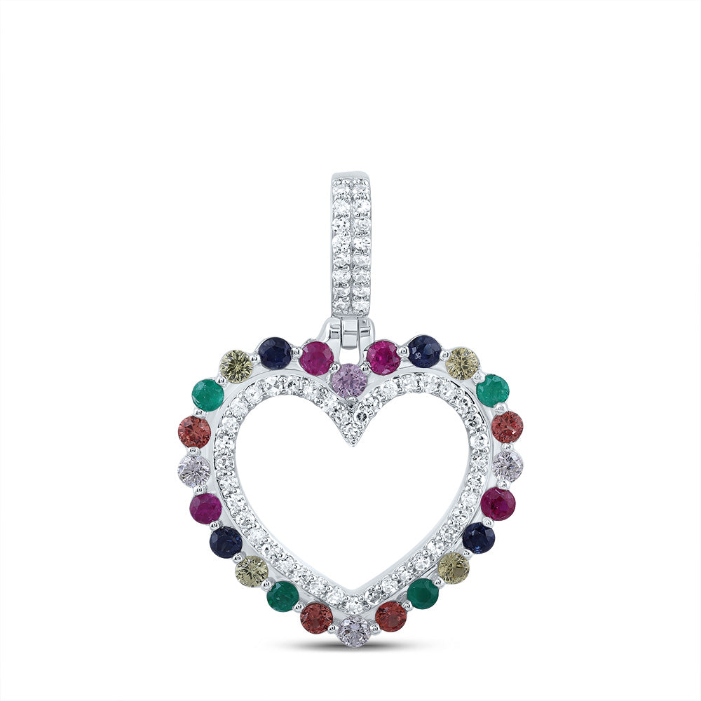 10K White Gold 1/5 CTW-Natural Diamond 3/8 CTWrd-Natural Gemstone Multi Clear Sapphire Heart Pendant 1.93 Gram
