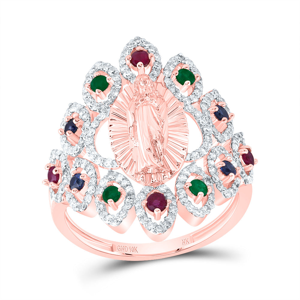 1/2CTW-DIA NK 1/6CTW RD-RU,1/8CTW RD-BS,1/10CTW RD-EM NAT GEM VIRGIN MOTHER MARY RING