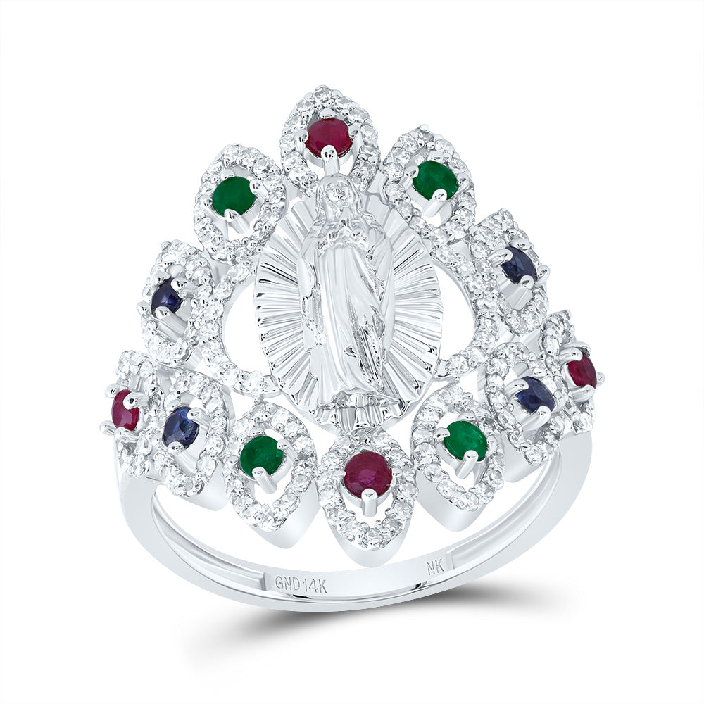 1/2CTW-DIA NK 1/8CTW RD-RU,1/8CTW RD-BS,1/10CTW RD-EM NAT GEM VIRGIN MOTHER MARY RING