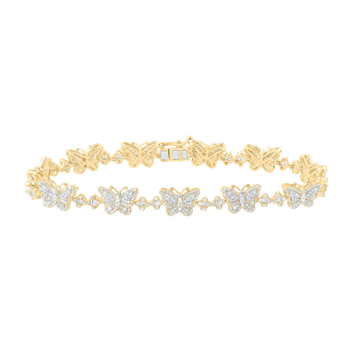 10K Yellow Gold 2 CTW-Natural Diamond Clover Butterfly Ladies Bracelet (7 Inch ) 10.43 Gram