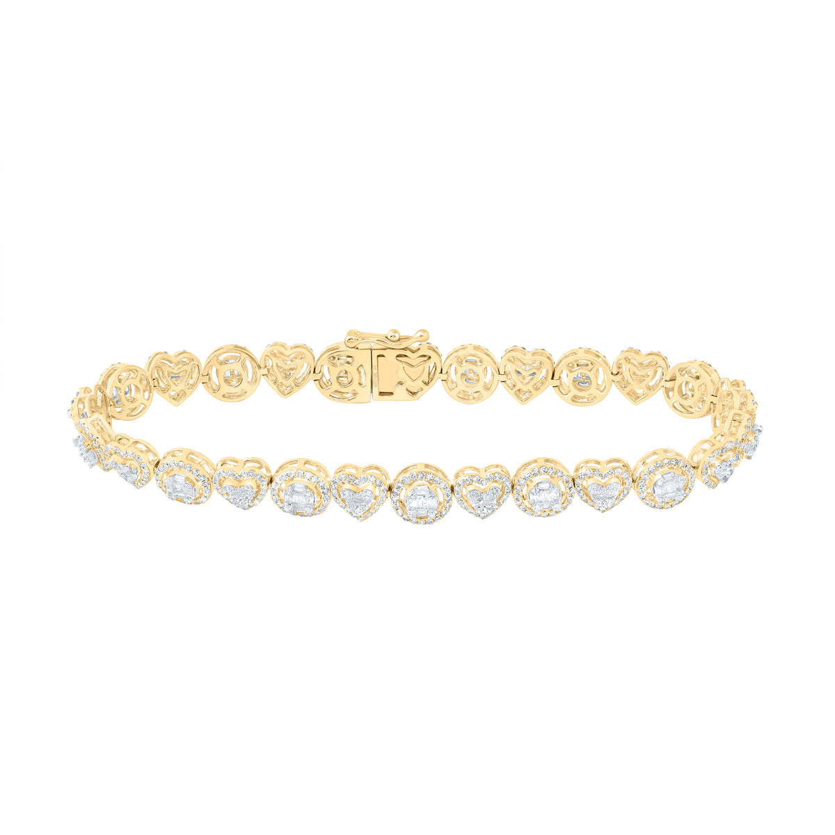 10K Yellow Gold 2 1/2 CTW-Natural Diamond Heart Round Ladies Bracelet (7 Inch ) 10.69 Gram