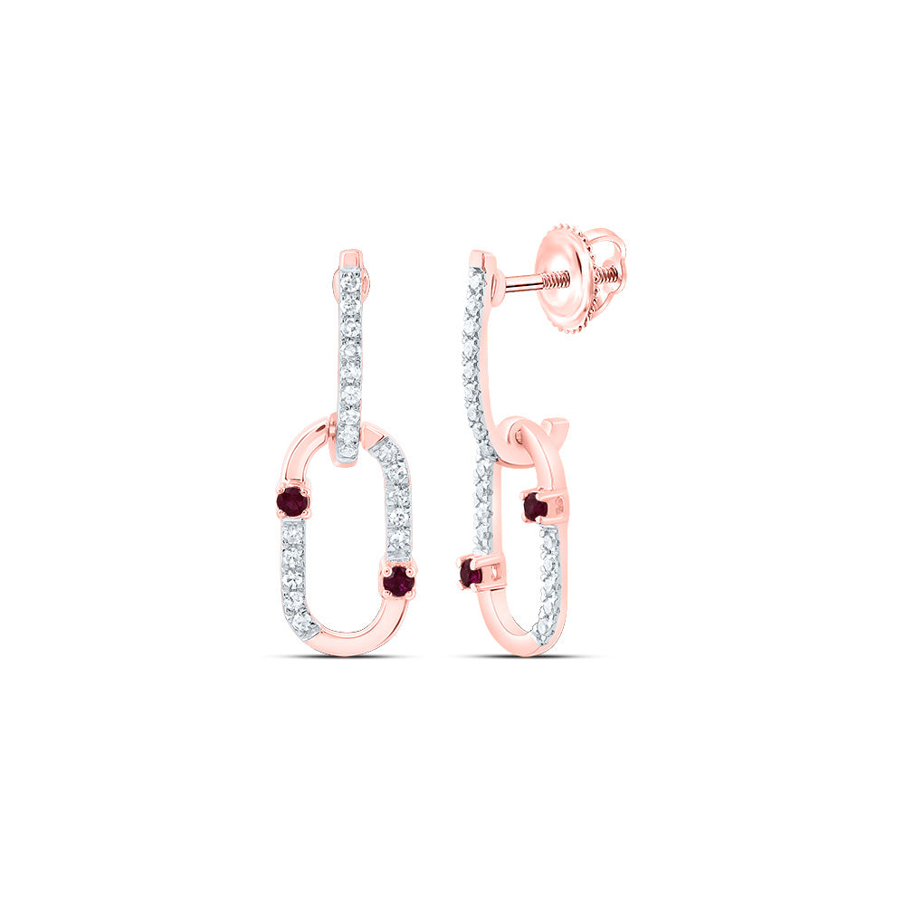 14K Rose Gold 1/6 CTW-Natural Diamond 1/20 CTWrd-Ru Natural Gemstone Paper Clip Dangling Earring 1.33 Gram