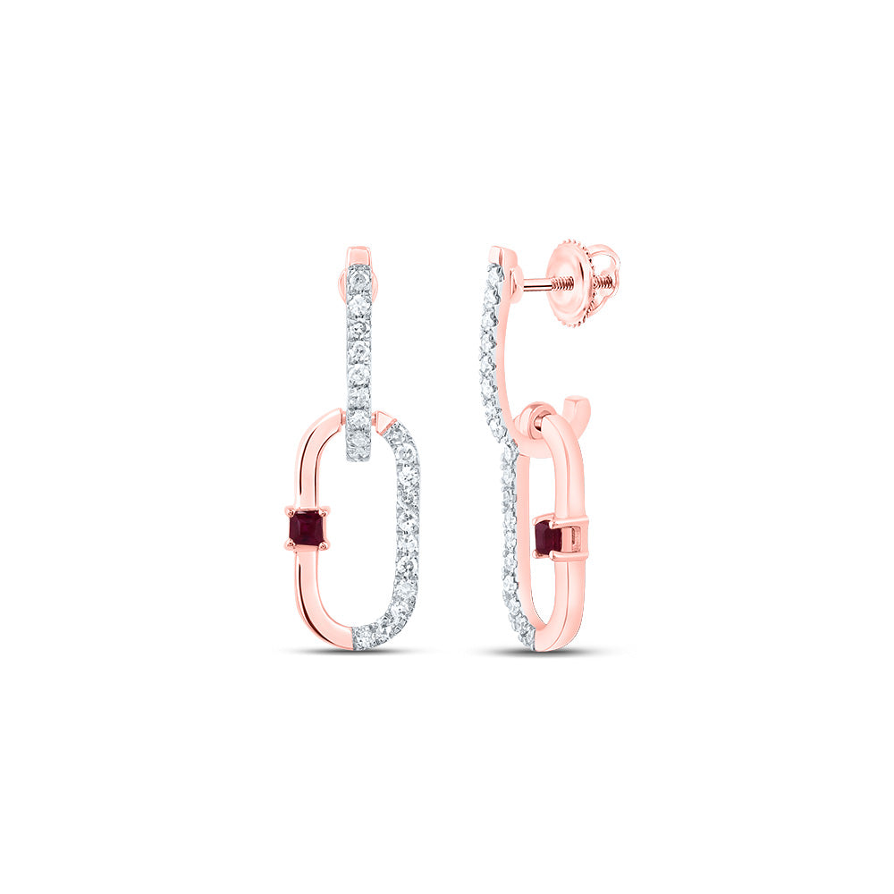 14K Rose Gold 1/6 CTW-Natural Diamond 1.5MM Pr-Ru Natural Gemstone Paper Clip Dangling Earring 1.422 Gram