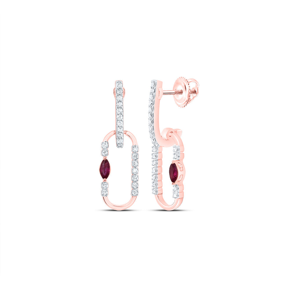 14K Rose Gold 1/8 CTW-Natural Diamond 3X2MM Mq-Ru Natural Gemstone Paper Clip Dangling Earring 1.37 Gram