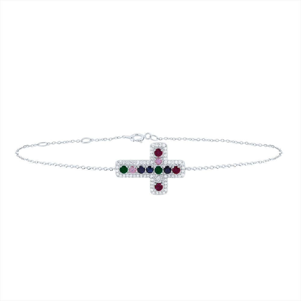 1/4CTW-DIA CN 1/2CTW-RD-NAT GEM MULTI CLR SAPPHIRE CROSS BRACELET(7 INCH)