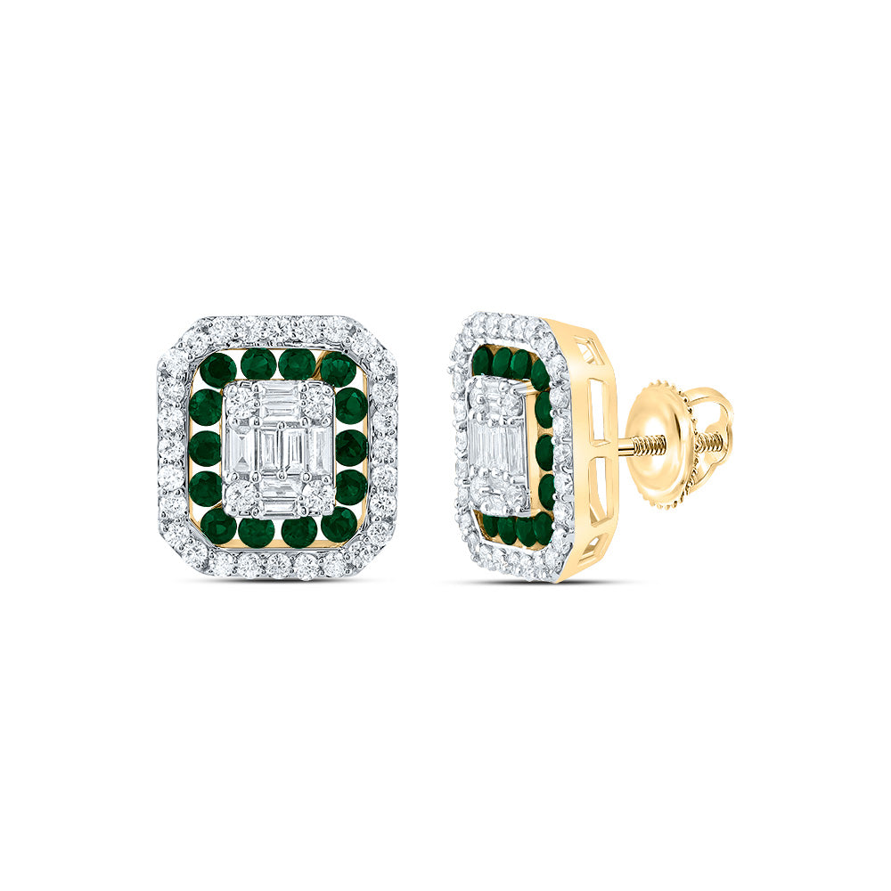 14K Yellow Gold 5/8 CTW-Natural Diamond 1/2 CTW-Rd-Em Natural Gemstone Octagon Stud Earring 2.82 Gram