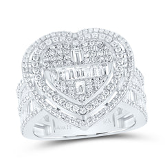 14K White Gold 1 3/4Tw-Natural Diamond Fashion Heart Baguette Bridal Ring 6.89 Gram
