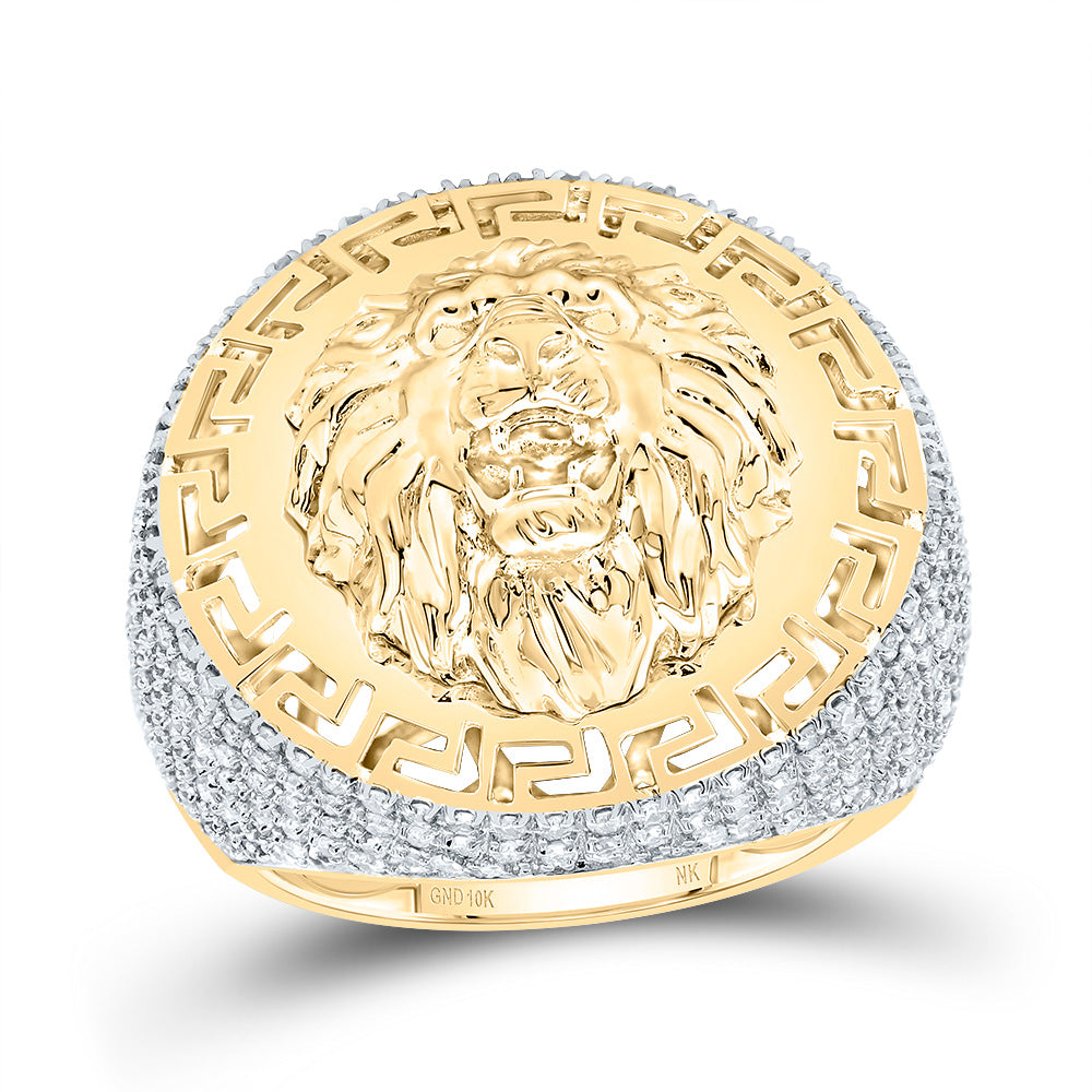 10K Yellow Gold 1 CTW-Natural Diamond Lion Face Round Men'S Ring 10.40 Gram