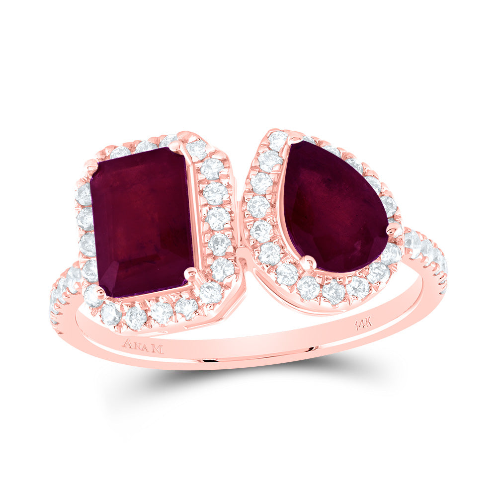 14K Rose Gold 3/8 CTW-Natural Diamond 7X5MM Em-Ru, 7X5MM Ps-Ru Natural Gemstone Ring 2.52 Gram