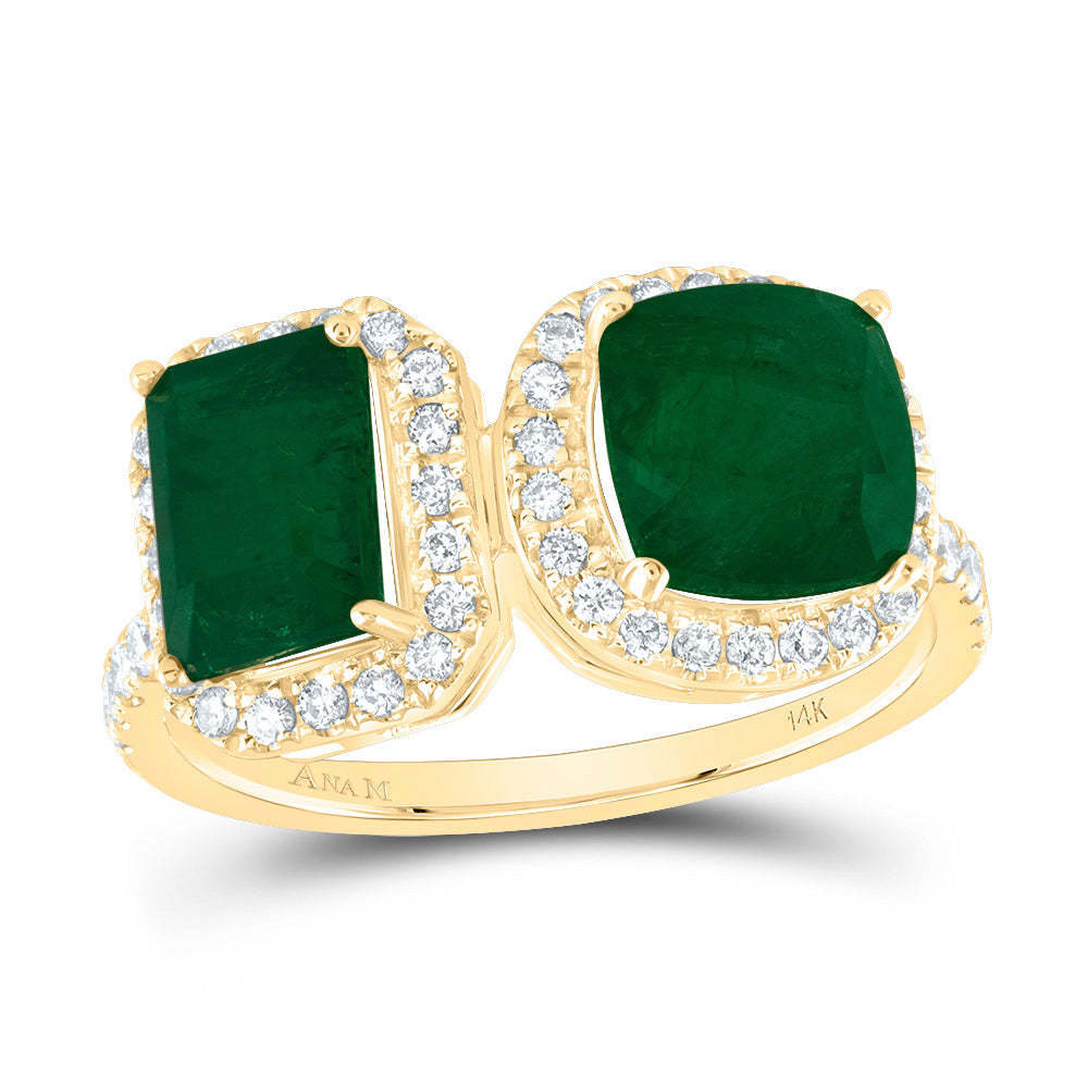 14K Yellow Gold 3/8 CTW-Natural Diamond 7X7MM Cu-Em, 7X5MM Em-Em Natural Gemstone Ring 2.76 Gram