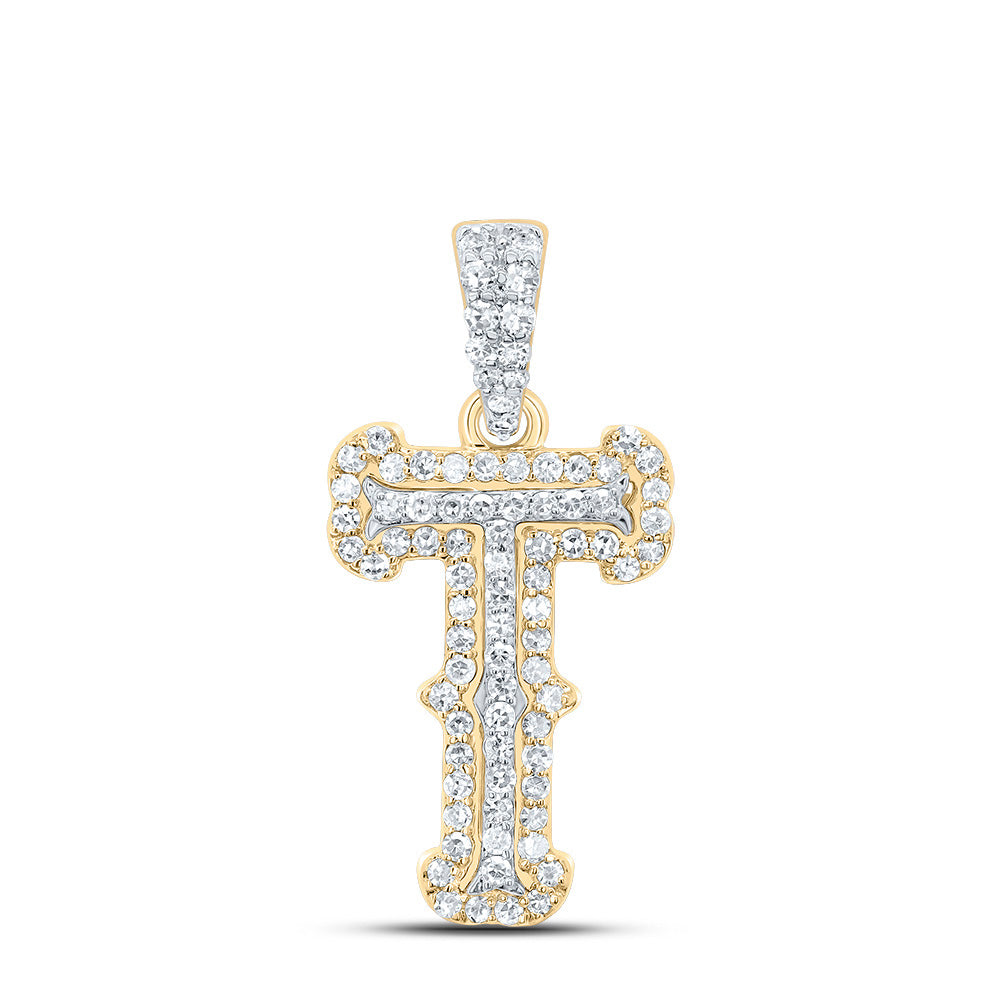 10K Yellow White 1/4 CTW-Natural Diamond Fashion Initial "T" Pendant 1.12 Gram