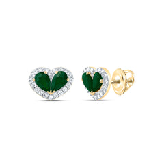 14K Yellow Gold 1/5 CTW-Natural Diamond 3/4 CTWps-Em Natural Gemstone Heart Stud Earring 1.22 Gram