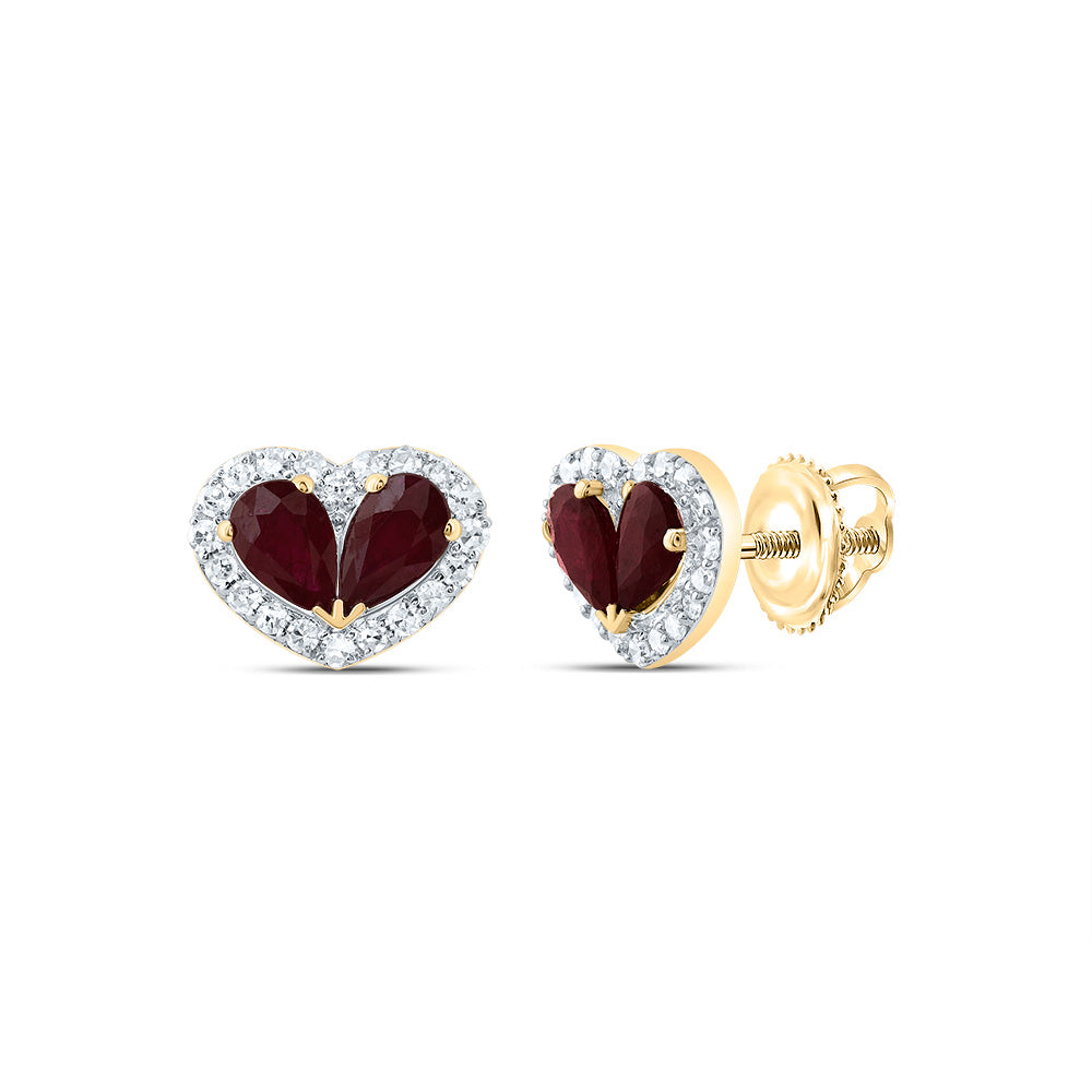 14K Yellow Gold 1/5 CTW-Natural Diamond 7/8 CTWps-Ru Natural Gemstone Heart Stud Earring 1.23 Gram