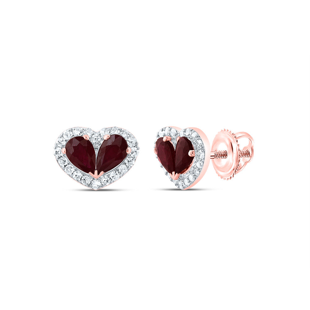 14K Rose Gold 1/5 CTW-Natural Diamond 7/8 CTWps-Ru Natural Gemstone Heart Stud Earring 1.17 Gram