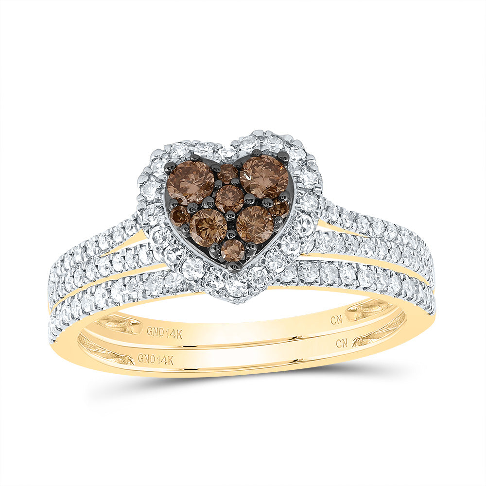 14K Yellow Gold 3/4 CTW-Natural Diamond Cognac Natural Heart Bridal Set 2.95 Gram