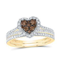 14K Yellow Gold 3/4 CTW-Natural Diamond Cognac Natural Heart Bridal Set 2.95 Gram