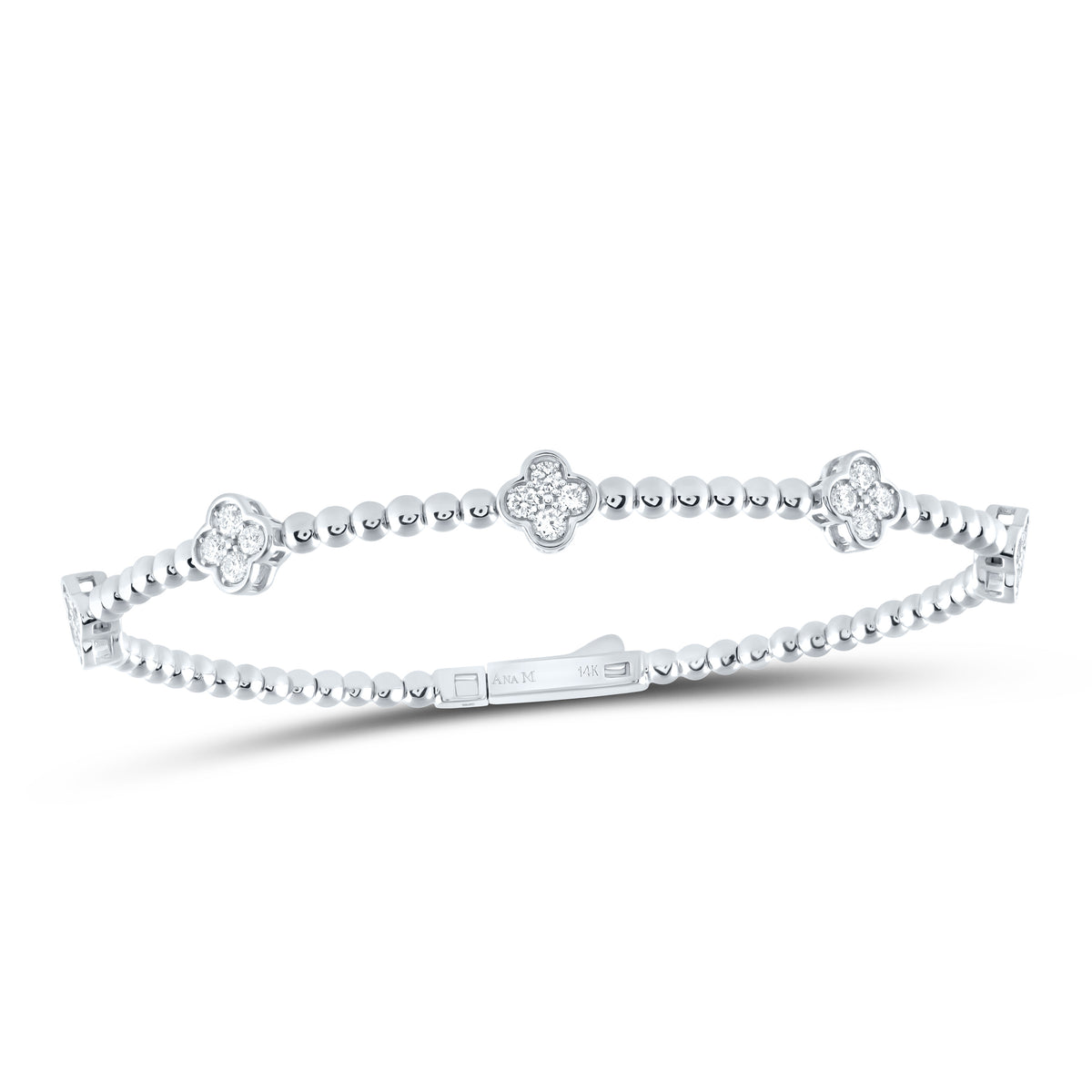 14K White Gold 3/4 CTW-Natural Diamond Fashion Clover Flexible Bangle (60X50MM) 9.25 Gram