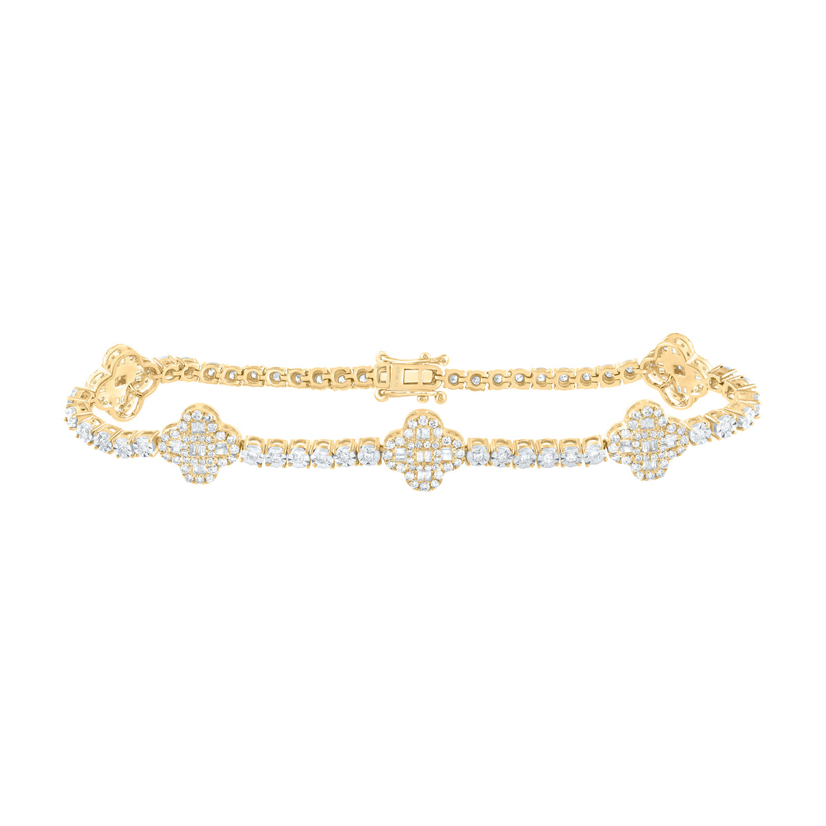 10K Yellow Gold 1 1/2 CTW-Natural Diamond Fashion Clover Tennis Bracelet (7 Inch ) 8.56 Gram