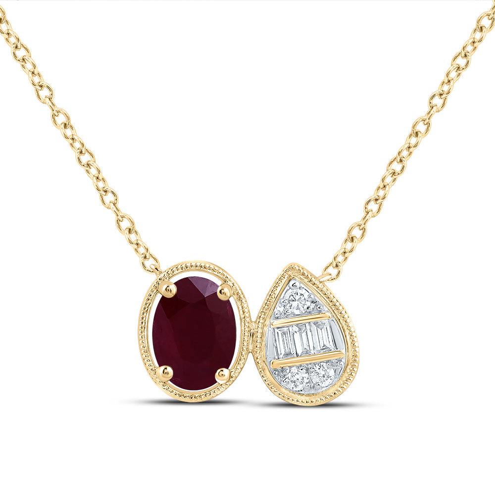 14K Yellow Gold 1/10 CTW-Natural Diamond 7X5MM-Ov-Ru Natural Gemstone Pear-Oval Necklace (18 Inch ) 2.17 Gram