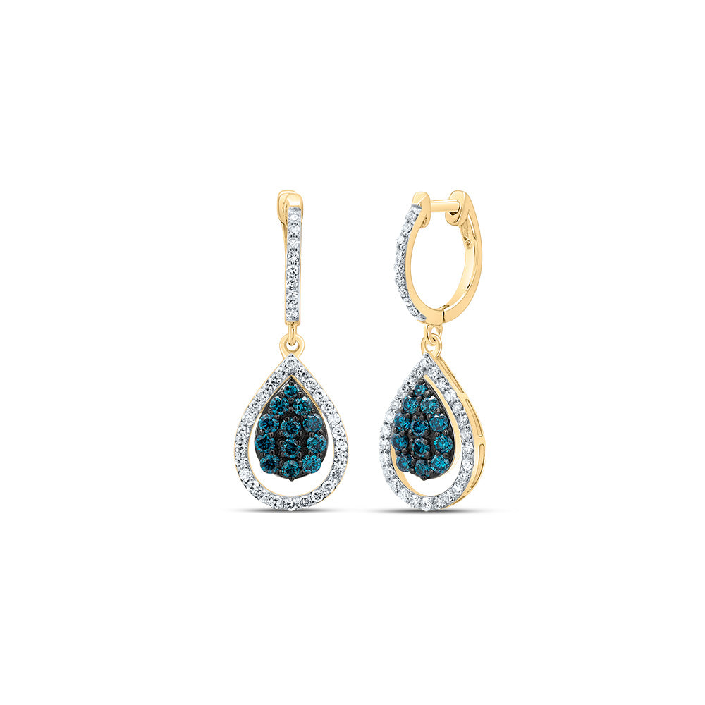 14K Yellow Gold 3/4 CTW-Natural Diamond Blue Natural Diamond Fashion Pear Dangling Earring 2.91 Gram