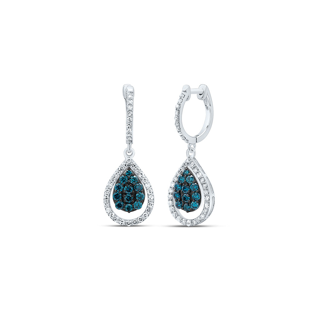 14K White Gold 3/4 CTW-Natural Diamond Blue Natural Diamond Fashion Pear Dangling Earring 2.80 Gram