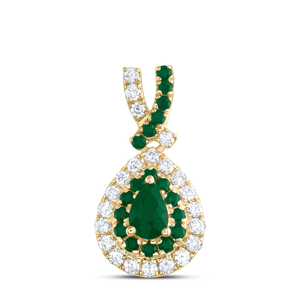 14K Yellow Gold 1/8 CTW-Natural Diamond 1/12 CTW-Rd-Em, 4X3MM-Ps-Em, Natural Gemstone Pear Pendant 0.78 Gram