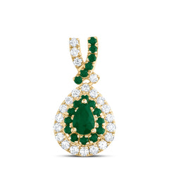 14K Yellow Gold 1/8 CTW-Natural Diamond 1/12 CTW-Rd-Em, 4X3MM-Ps-Em, Natural Gemstone Pear Pendant 0.78 Gram