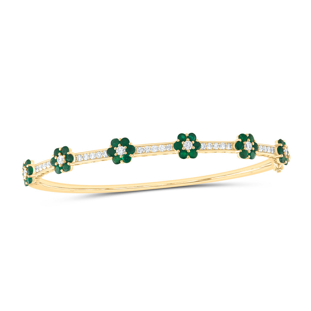 14K Yellow Gold 3/4 CTW-Natural Diamond 1 3/4 CTW-Rd-Em Natural Gemstone Flower Bangle (62X53) 9.44 Gram