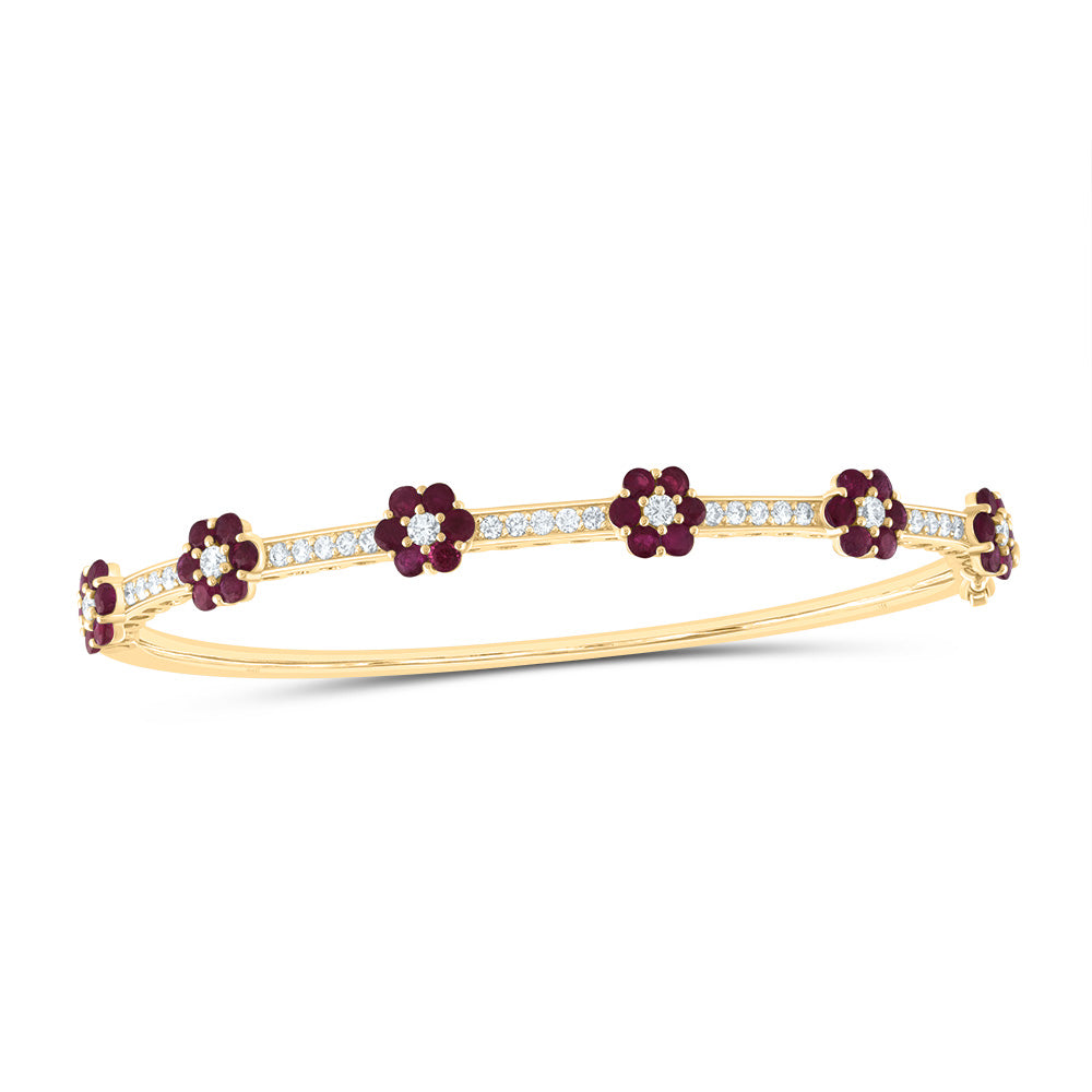 14K Yellow Gold 3/4 CTW-Natural Diamond 1 7/8 CTW-Rd-Ru Natural Gemstone Flower Bangle (62X53) 9.61 Gram