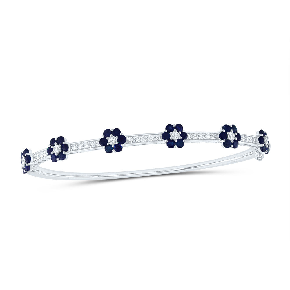 14K White Gold 3/4 CTW-Natural Diamond 1 3/4 CTW-Rd-Bs Natural Gemstone Flower Bangle (62X53) 10.03 Gram