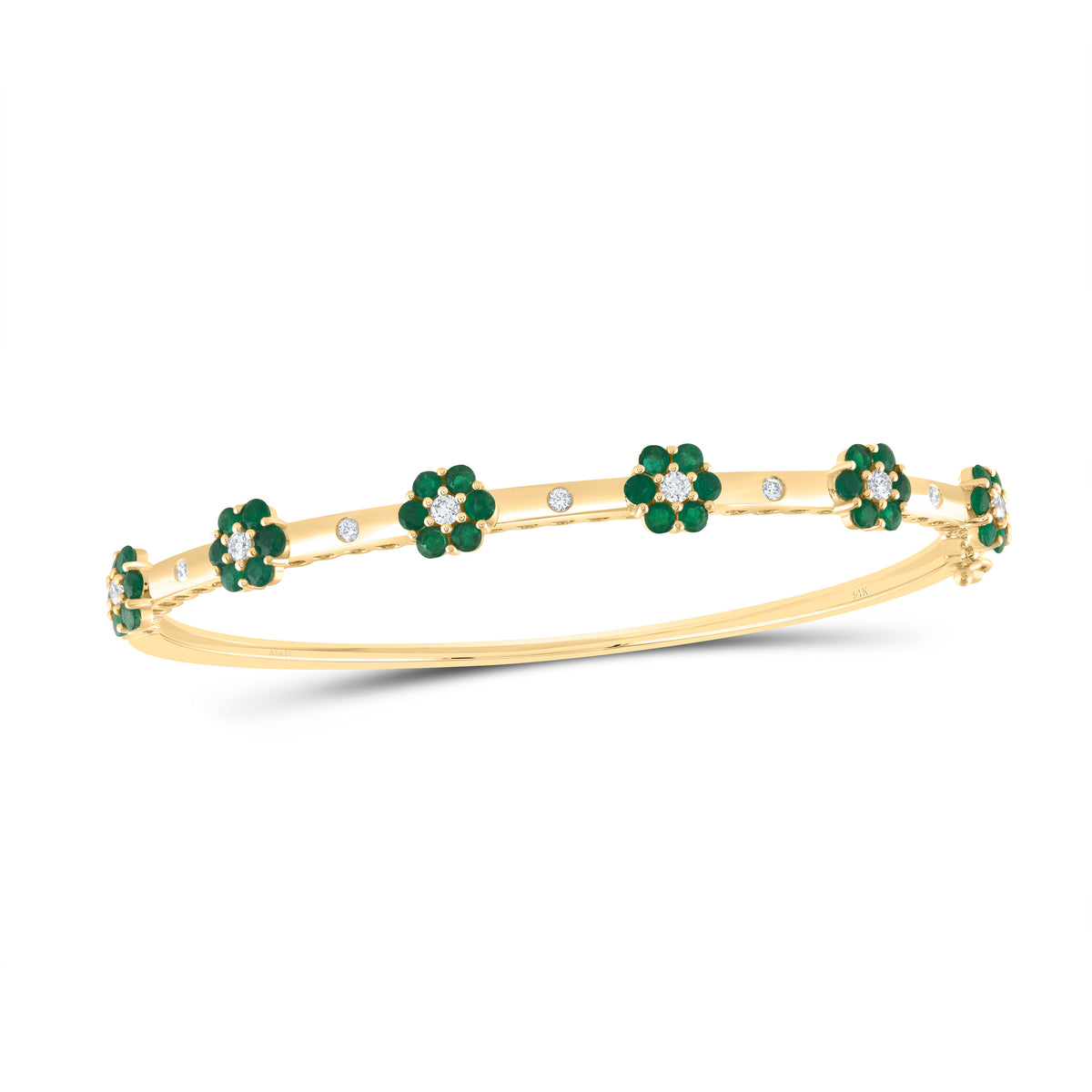 14K Yellow Gold 3/8 CTW-Natural Diamond 1 5/8 CTW-Rd-Em Natural Gemstone Flower Bangle (62X53) 11.91 Gram
