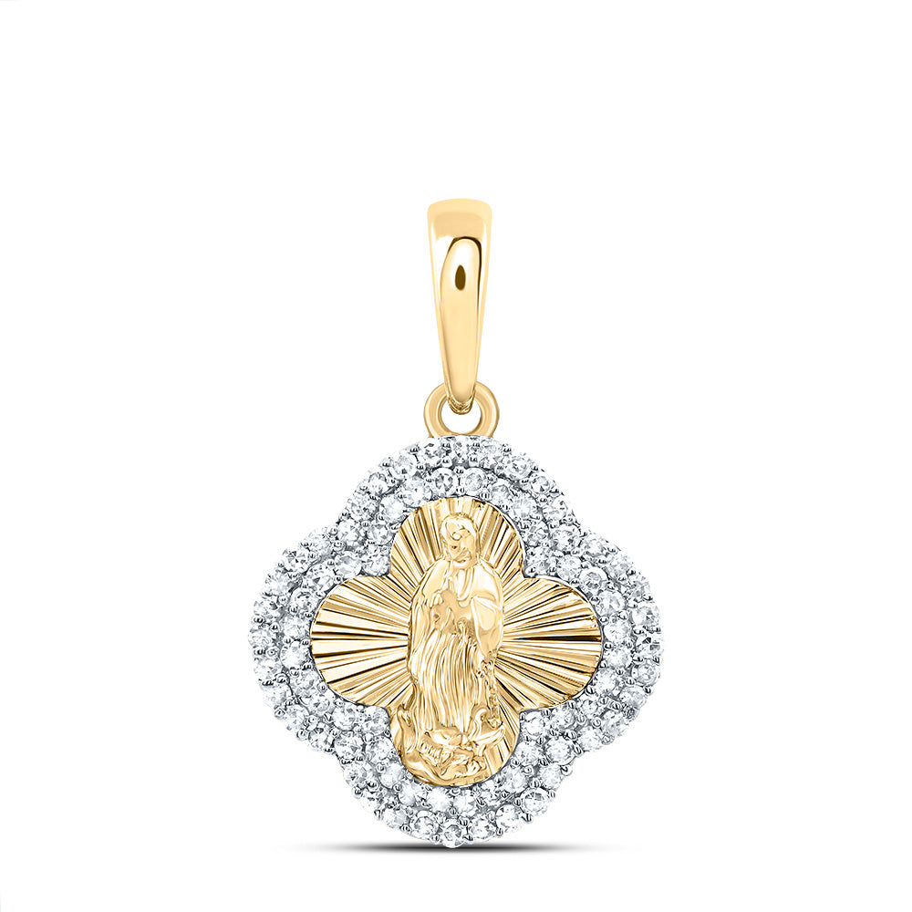 10K Yellow Gold 1/3 CTW-Natural Diamond Fashion Virgin Mother Mary Clover Pendant 1.31 Gram