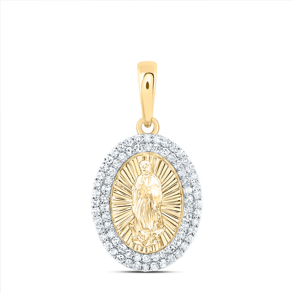 10K Yellow Gold 1/3 CTW-Natural Diamond Fashion Virgin Mother Mary Oval Pendant 1.39 Gram