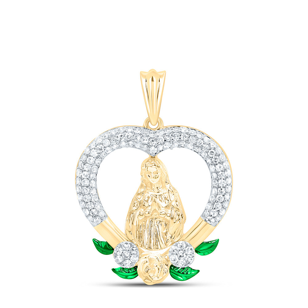10K Yellow Gold 1/2 CTW-Natural Diamond Fashion Virgin Mother Mary Heart Pendant 2.01 Gram
