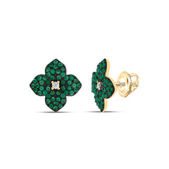 14K Yellow Gold 0.03 CTW-Natural Diamond 3/8 CTW-Rd-Em Nat-Gem Flower Stud Earring 2.215 Gram