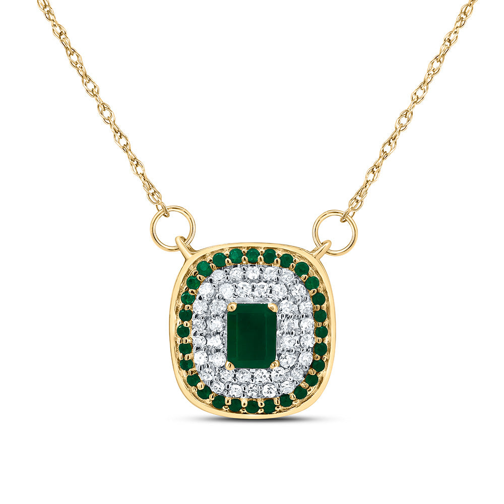 14K Yellow Gold 1/8 CTW-Natural Diamond 1/12 CTW-Rd-Em, 4X3MM-Em-Em Nat-Gem Cushion Necklace(18Inch ) 1.23 Gram