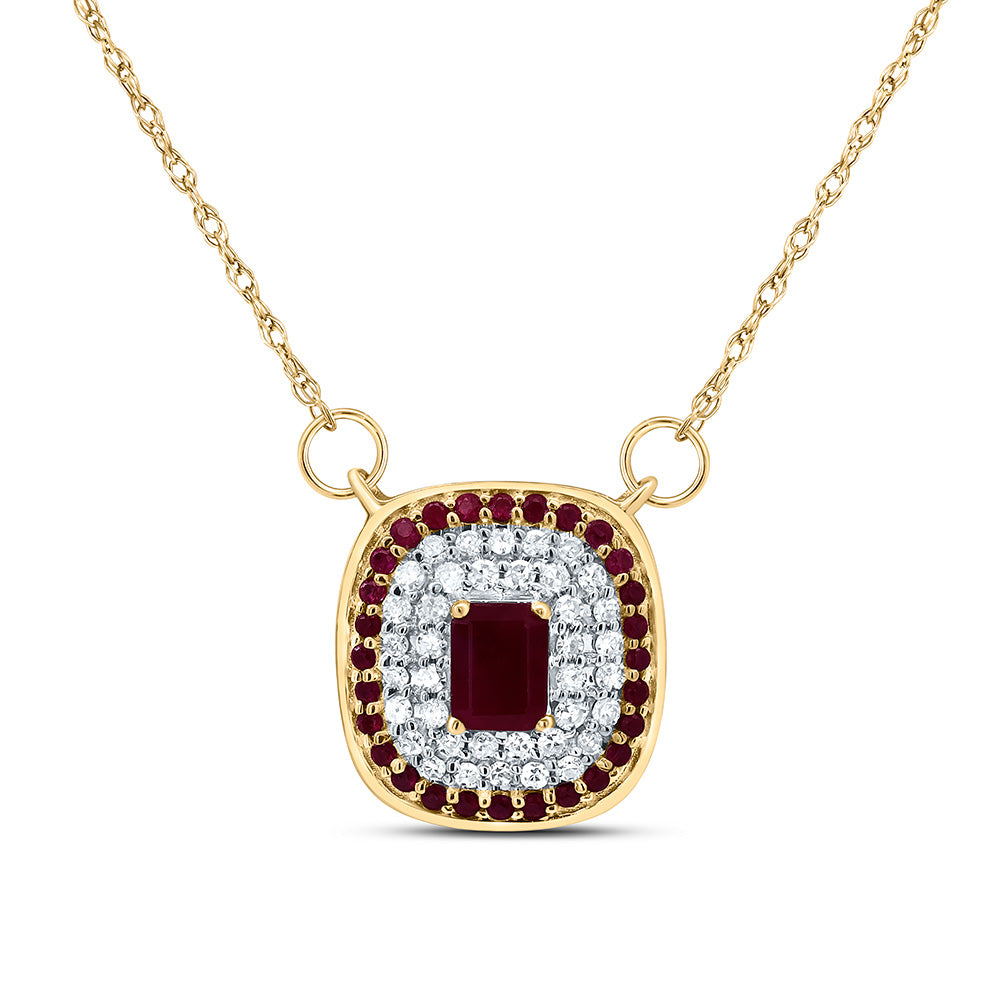 14K Yellow Gold 1/8 CTW-Natural Diamond 1/8 CTW-Rd-Ru, 4X3MM-Em-Ru Nat-Gem Cushion Necklace(18Inch ) 1.20 Gram