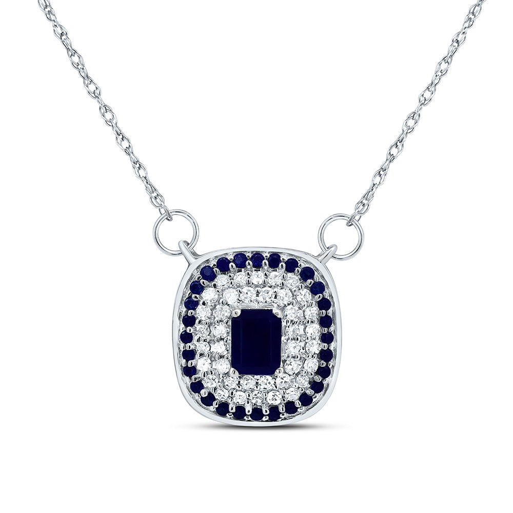 14K White Gold 1/8 CTW-Natural Diamond 1/10 CTW-Rd-Bs, 4X3MM-Em-Bs Nat-Gem Cushion Necklace(18Inch ) 1.29 Gram