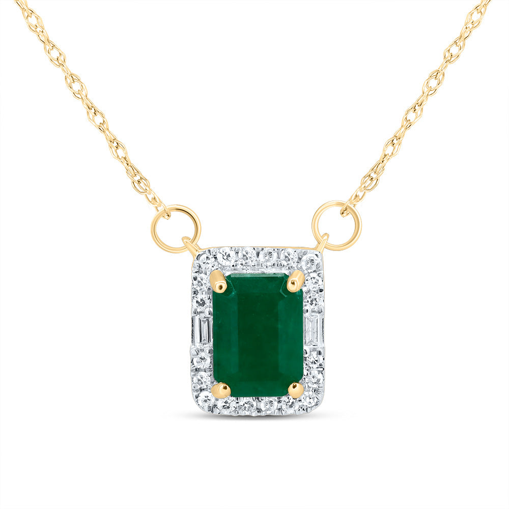 14K Yellow Gold 1/10 CTW-Natural Diamond 7X5 MM-Em-Em Nat-Gem Emerald Necklace(18Inch ) 0.71 Gram
