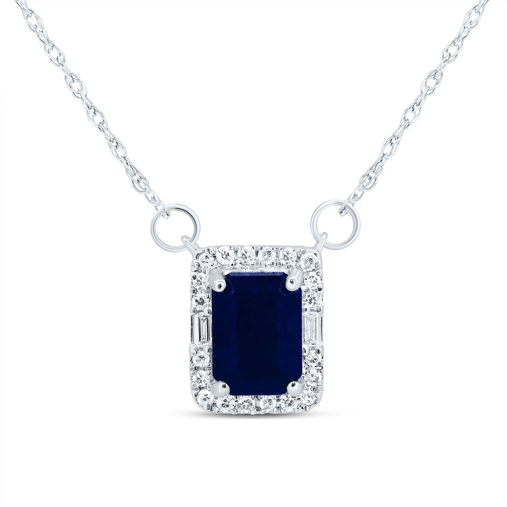 14K White Gold 1/10 CTW-Natural Diamond 7X5 MM-Em-Bs Nat-Gem Emerald Necklace(18Inch ) 0.78 Gram